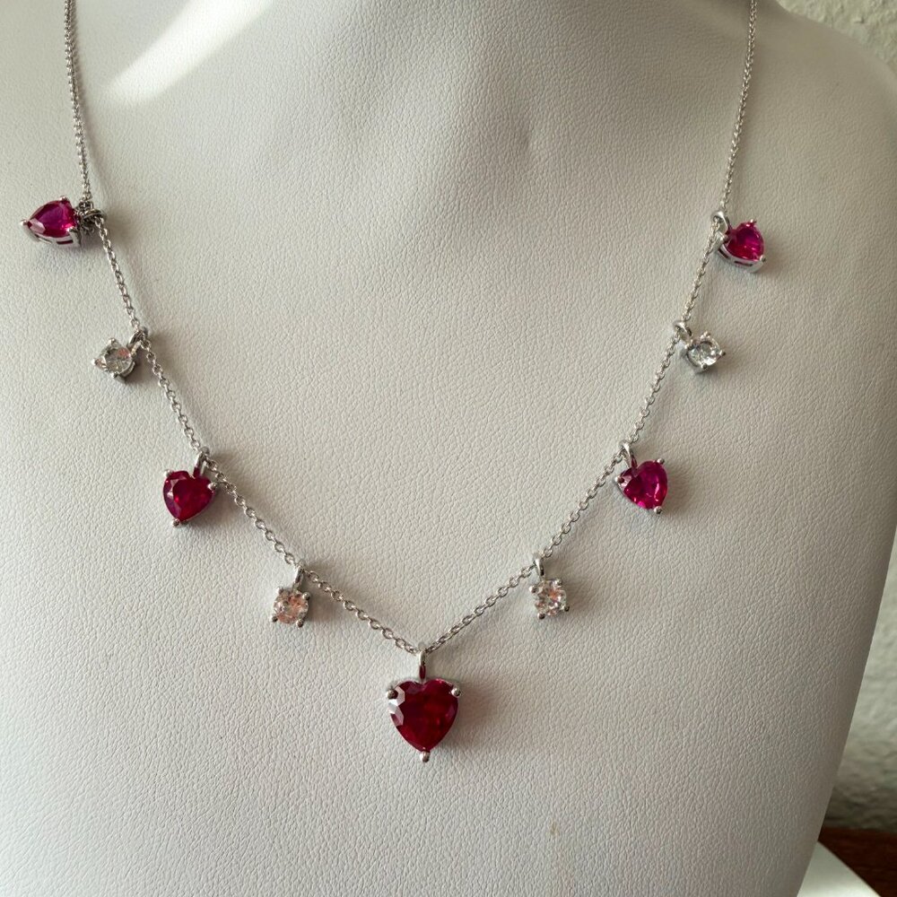 Beautiful Created Ruby & Created White Sapphire Heart Sterling Silver Necklace - Picture 13 of 15